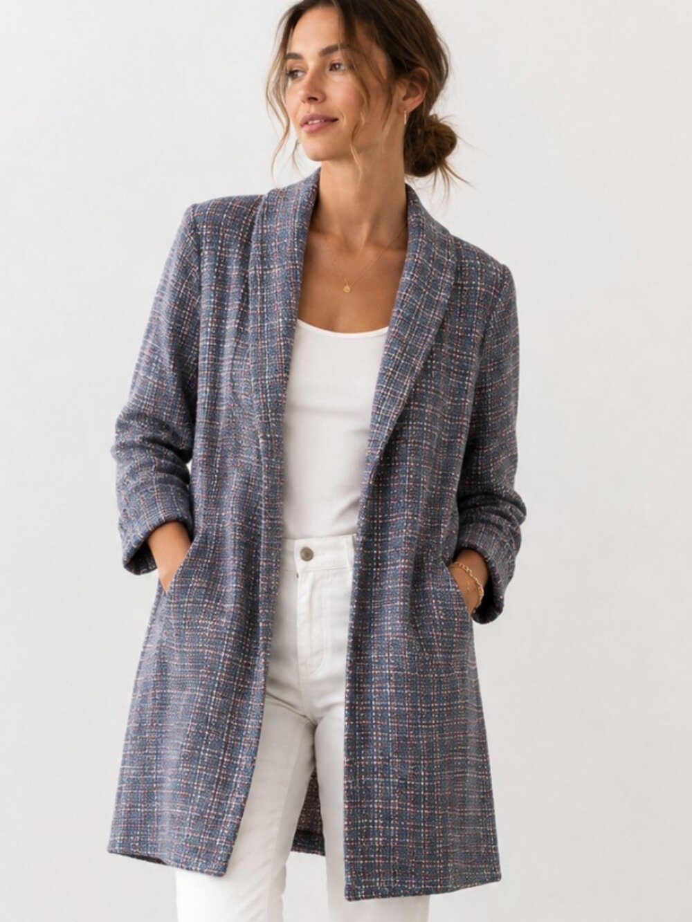 THE LADY & THE SAILOR Blue Pink Plaid Tweed Preppy Shawl Collar Long Jacket XS/S